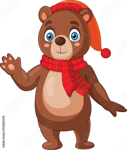 Cute bear cartoon wearing scarf and red hat