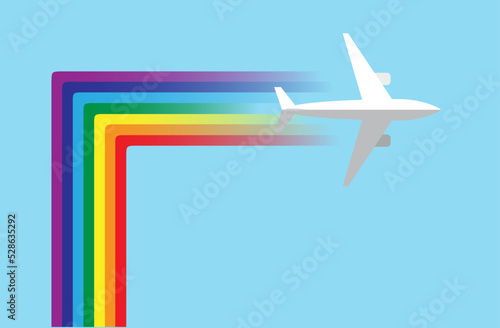 Ecological and sustainable air transport. Airplane with the rainbow colored trail. Vector illustration