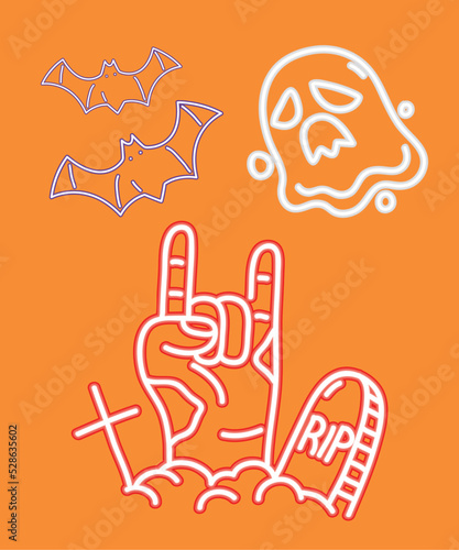 halloween neon ghost and tombstone