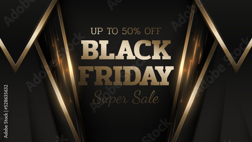 Black friday sale background with glitter light effects elements and gold line decoration. Luxury style banner design concept.