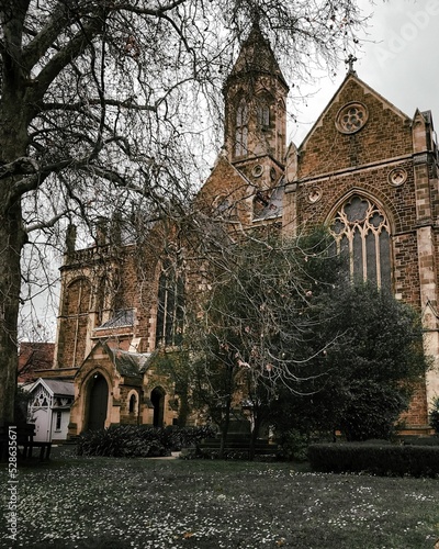 Old church obstructed by vegetation on a gloomy day photo