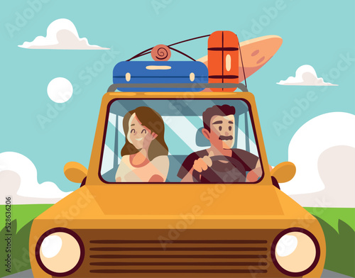 road trip, couple on car