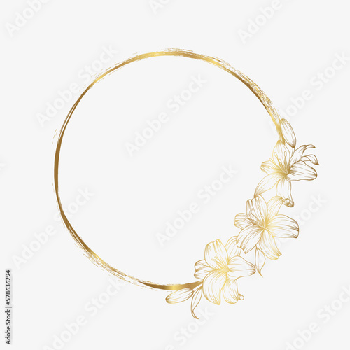 Hand drawn golden lily flower round grunge wreath in cute doodle style. Luxury elegant vector illustration for wedding invitations, birthday, quotes, thank you card, cosmetics. Copy space for text.