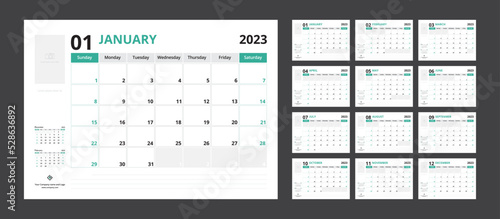 2023 calendar planner set for template corporate design week start on Sunday. photo