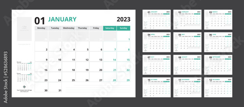 2023 calendar planner set for template corporate design week start on Monday.