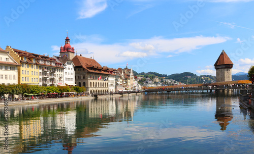 Old town of Lucerne with the covered wooden footbridge Chapel Bridge spanning the river Reuss, Switzerland
