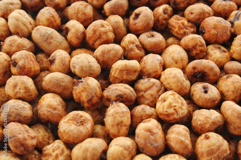 Close-up of chufa, tigernut, earth almond preparing for traditional typical tasty homemade cold fresh drink horchata from Valencia, Spain. Healthy organic food concept. Tiger nut for flour and milk Close-up of chufa, tigernut, earth almond preparing for traditional typical tasty homemade cold fresh drink horchata from Valencia, Spain. Healthy organic food concept. Tiger nut for flour and milk