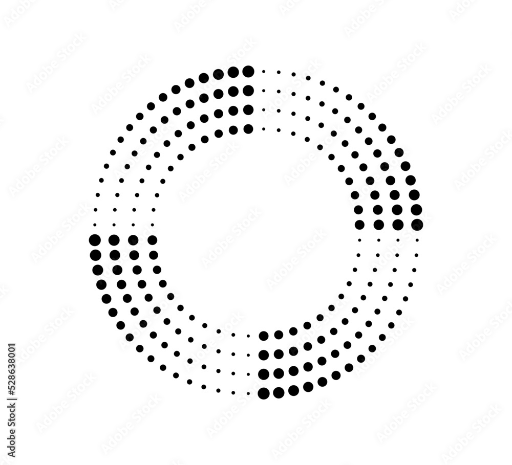Dot circle speed lines for emblem, design and comic book. Abstract round geometric shape. Halftone graphic striped texture. Circular motion lines. Vector illustration isolated on white background.