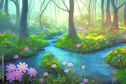 Children's painted colored wallpaper. A colorful illustration of a fabulous forest clearing with flowers and a small river. Design for a children's room, wallpaper, photo wallpaper, poster, postcard, 