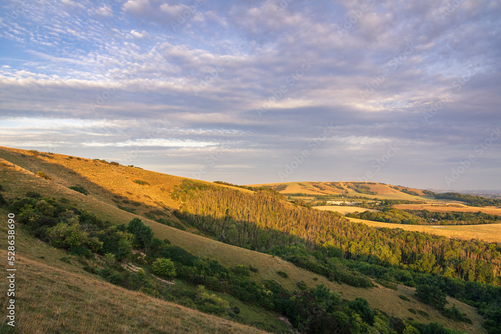 Morning golden hour on the south downs hills of Butts Brow near Eastbourne East Sussex south east England 