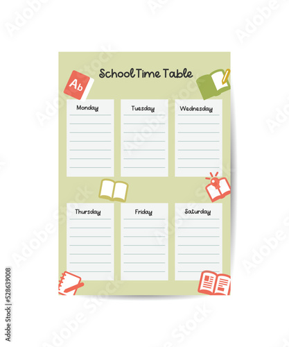 Weekly planner, back to school timetable template with school supplies, planets, books and doodle. Kids schedule design template. Vector children flat illustration