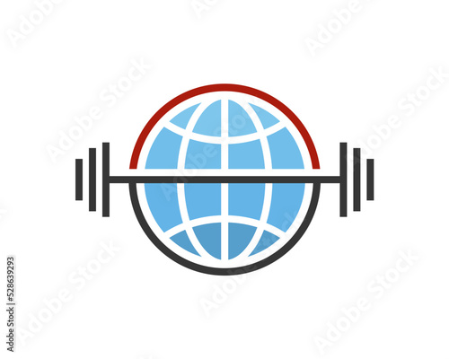 Globe with gym dumbbell in the middle logo design