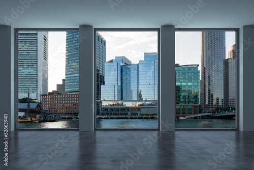 Panoramic picturesque city view of Boston at sunset from modern empty room interior, Massachusetts. An intellectual, technological and political center. 3d rendering.