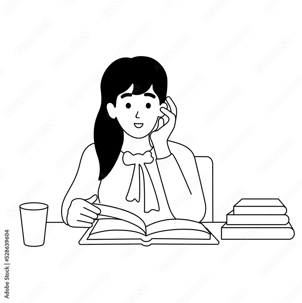 Beautiful girl reading a book. Student life in university concept. Outline vector illustration. Beautiful girl reading a book. Student life in university concept. Outline vector illustration.