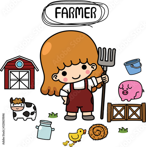 illustration isolated set cartoon farmer kid girl