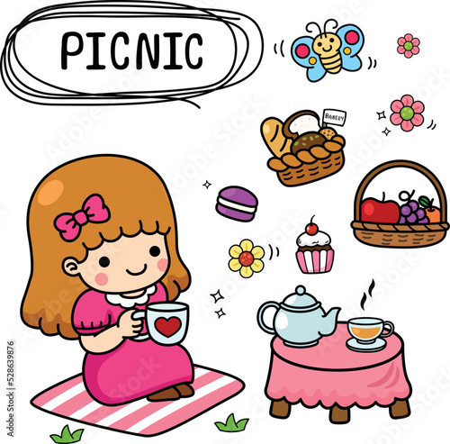 illustration isolated set cartoon kid girl picnic on the park