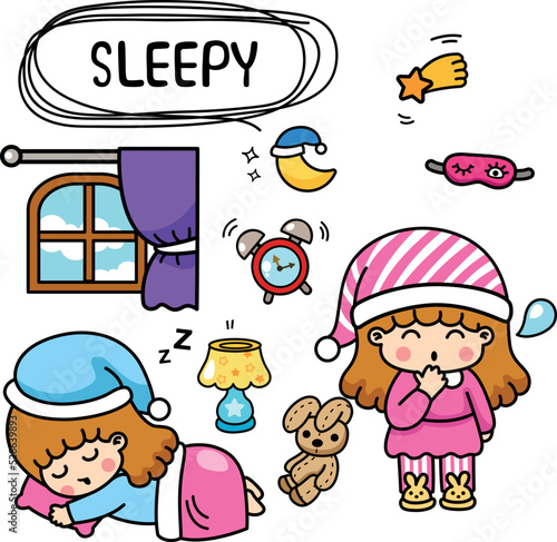 illustration isolated set cartoon sleepy little kids