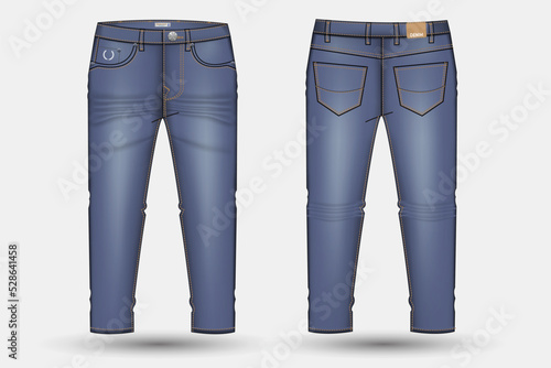 Denim Pant design template. Denim long pant Technical Fashion Illustration. Denim pant technical sketch for pant design and mockup