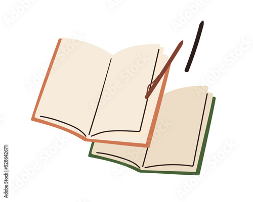 Notebooks, open paper planners and pens. Notepads with blank pages. Scattered note pads, diaries, organizers. Copybooks, business journals. Flat vector illustration isolated on white background
