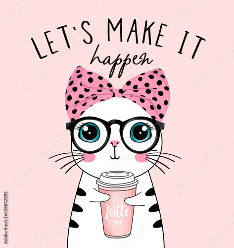 cute cat with latte cup.hand drawn vector illustration