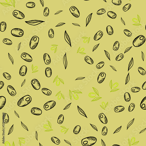 Seamless vector pattern with berries, olives and leaves, nuts. Floral texture in doodle style. Illustration for food packaging, olive oil label, pickled olives, grocery store design