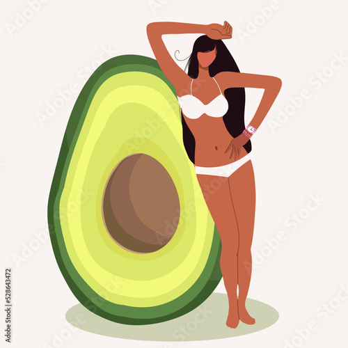 Vector illustration of a tiny beautiful girl in a swimsuit with a huge avocado, suitable for summer themes, vacation on the beach, summer cafe, summer party.