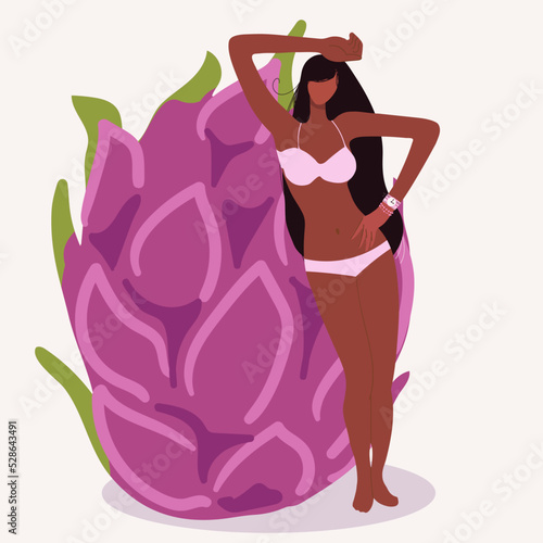 Vector illustration of a tiny beautiful girl in a swimsuit with a huge dragon fruit, pitahiya, pitaya, suitable for summer themes, vacation on the beach, summer cafe, summer party