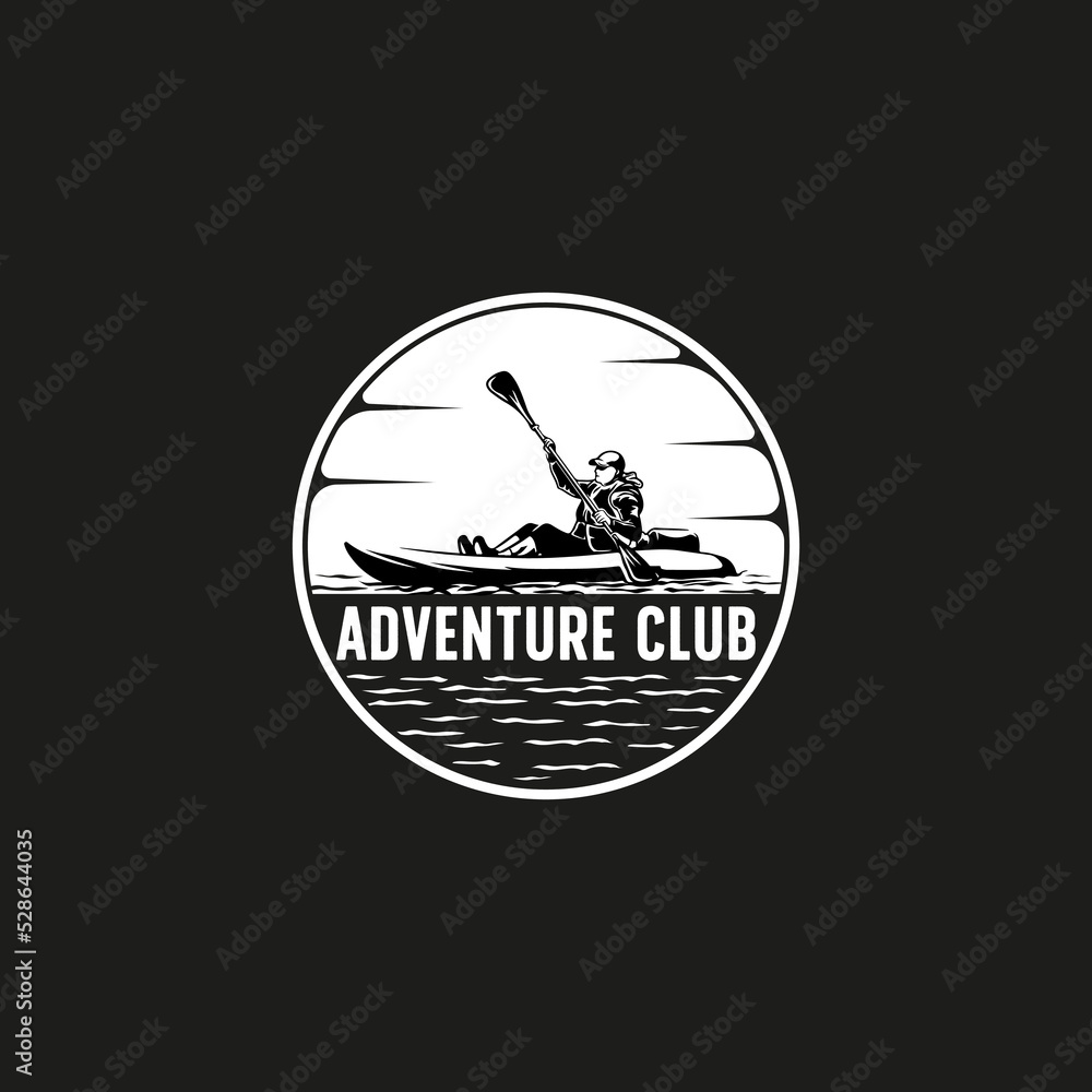 Kayak boat paddle pedal, silhouette of river stream kayaking logo design