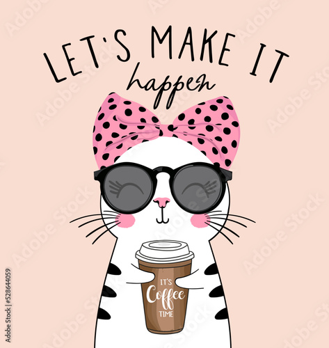 cute cat with coffee cup.hand drawn vector illustration
