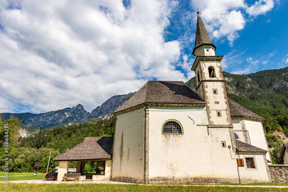 Church of Saint Gottardo (Chiesa di San Gottardo), XV century, Bagni di Lusnizza village, Malborghetto-Valbruna municipality, Udine province, Friuli-Venezia Giulia, Italy, Carnic Alps, Europe. Church of Saint Gottardo (Chiesa di San Gottardo), XV century, Bagni di Lusnizza village, Malborghetto-Valbruna municipality, Udine province, Friuli-Venezia Giulia, Italy, Carnic Alps, Europe.