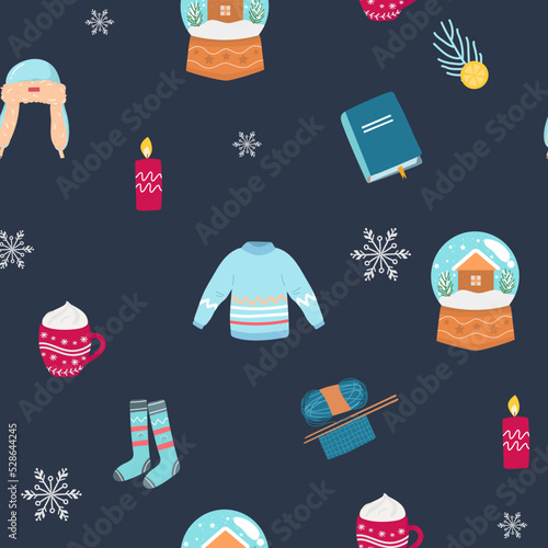 Vector seamless flat pattern with icons sweatr, glass ball, snowflakes, candle, hat, book, cup of Happy New Year and Christmas Day photo