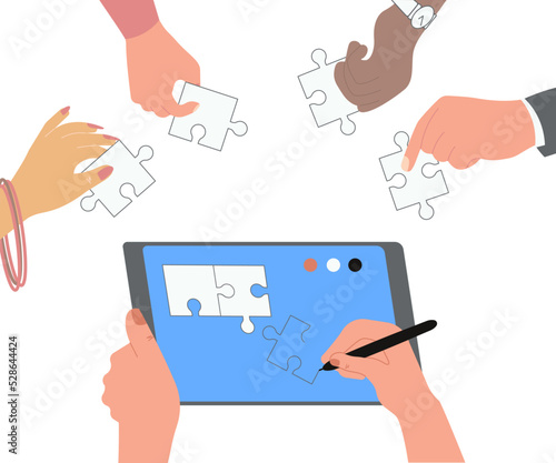 Human hands creating puzzles on a tablet, multinational colleagues or employees help