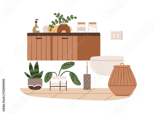 Modern restroom interior with wall-hung toilet bowl, Scandinavian furniture. Home lavatory, water closet with flush pan, hygiene items and plant. Flat vector illustration isolated on white background
