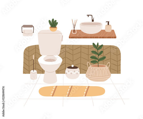Restroom, home water closet interior design. Modern toilet with flush bowl, washbasin, house plants, furniture. Lavatory room in Scandi style. Flat vector illustration isolated on white background