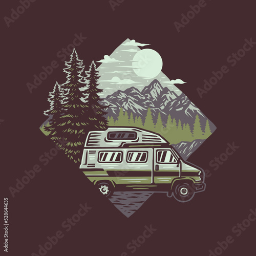 Campervan travel tours vintage t shirt graphic design, hand drawn line style with digital color, vector illustration