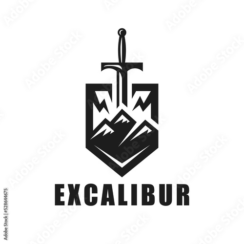 Excalibur logo icon. Sword in rock emblem. Mountain with sword in stone and shield symbol. Vector illustration.