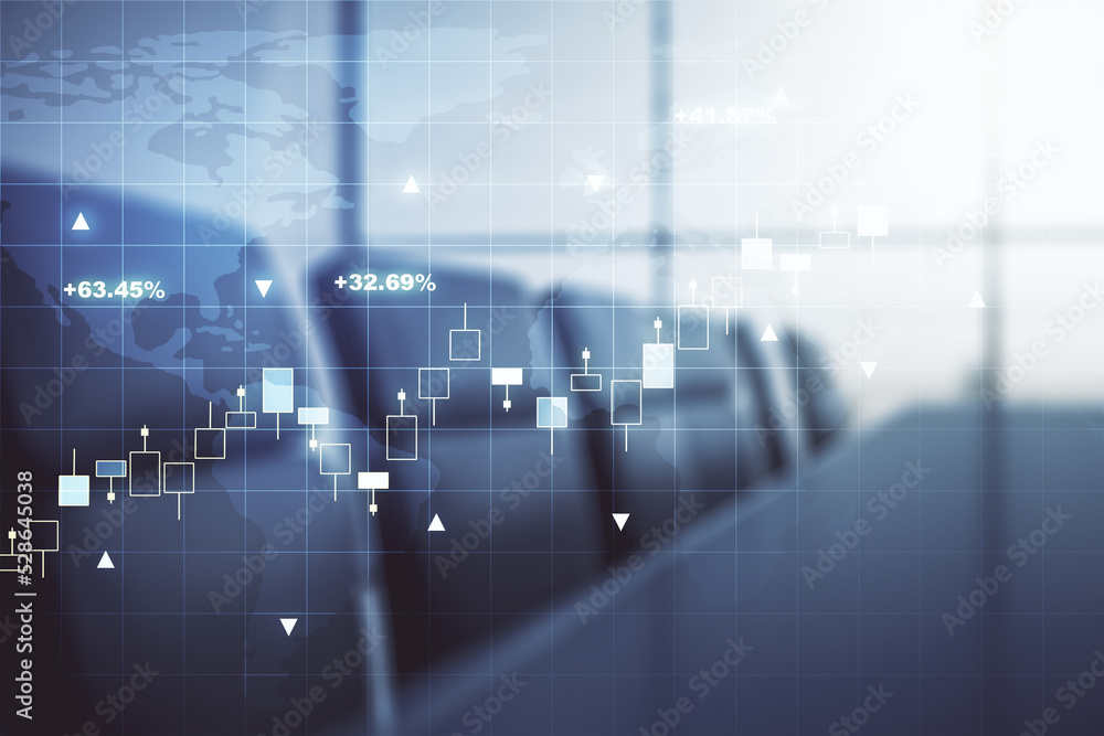 Abstract creative financial graph interface and world map on a modern conference room background, forex and investment concept. Multiexposure Abstract creative financial graph interface and world map on a modern conference room background, forex and investment concept. Multiexposure