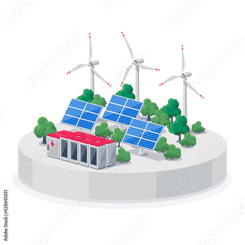 Renewable energy electric power station smart grid system. Isolated vector illustration of photovoltaic solar panels, wind turbines and rechargeable li-ion battery energy storage for off-grid backup.