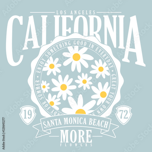 varsity typography with daisy flowers illustration.California slogan for t-shirt print photo