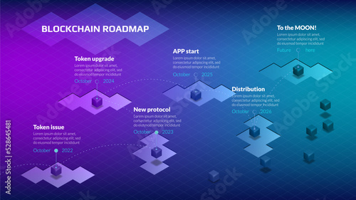 Isometric roadmap with many small cubes for blockchain or cryptocurrency project on purple blue background. Infographic timeline template for business presentation. Vector.