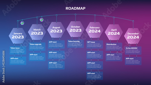 Horizontal roadmap with hanging stages on hexagons and copy space on purple background. Timeline infographic template for business presentation. Vector.
