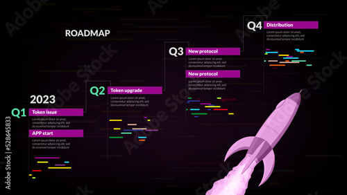 Roadmap with four sections in upward trend and spaceship on dark background. Infographic timeline template for business presentation. Vector.