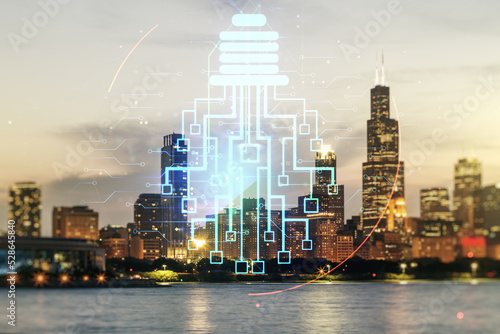 Virtual creative light bulb illustration with microcircuit on Chicago cityscape background, future technology concept. Multiexposure © Pixels Hunter