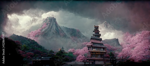 Asian building with pagoda and sakura trees against mountain