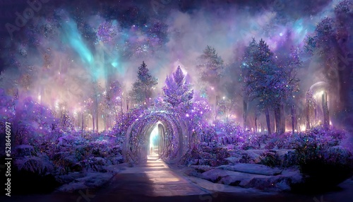 Foto Portal arch in majestic snowy wood at purple light at dusk