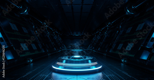 Fototapeta Naklejka Na Ścianę i Meble -  Blue spaceship interior with projector. Futuristic corridor in space station with glowing neon lights background. 3d rendering