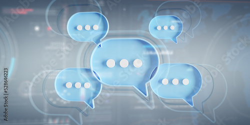 Minimalist blue and white speech bubbles talk icons floating over grey background. Modern conversation or social media messages with shadow. 3D rendering