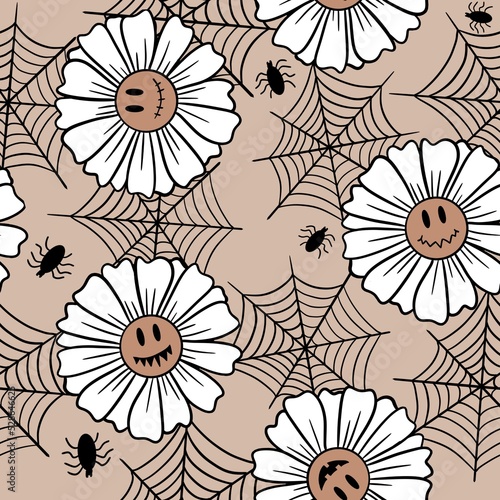Hand drawn seamless Halloween pattern with beige cute pumpkins smile face flower daisy. Scary creepy spooky retro vintage background. 60s 70s fall holiday fabric background.