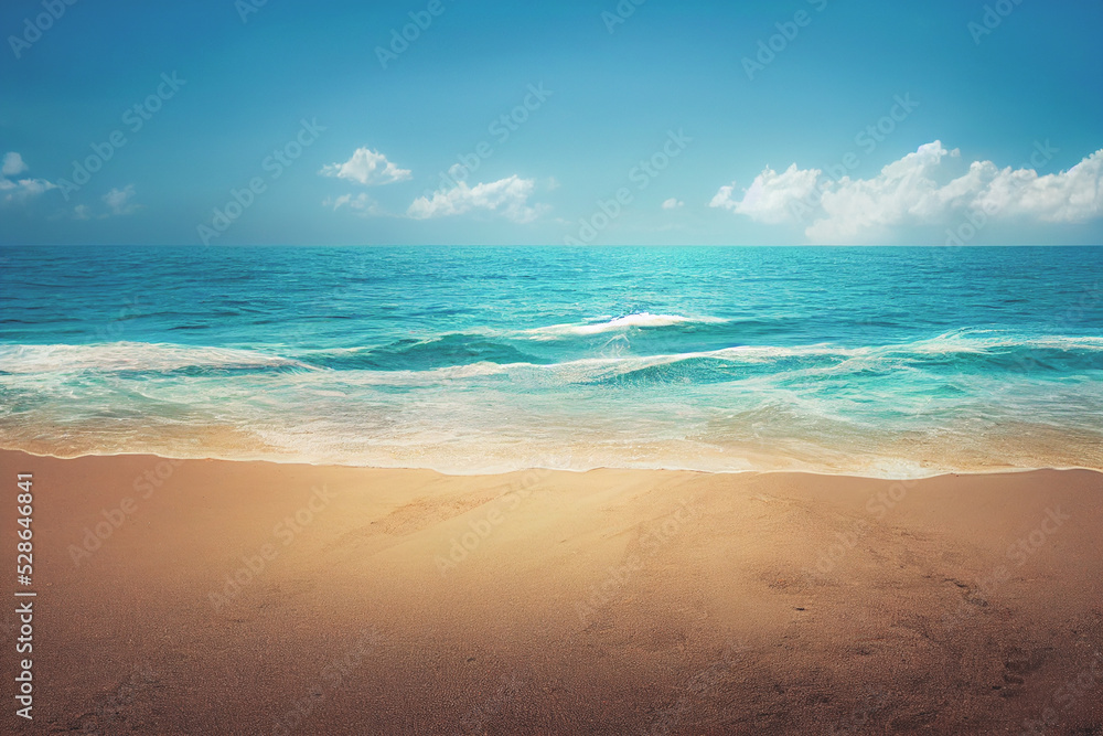3D render of Nature tropical beach sea with palm tree and the ocean. Beautiful beach blue sea water.