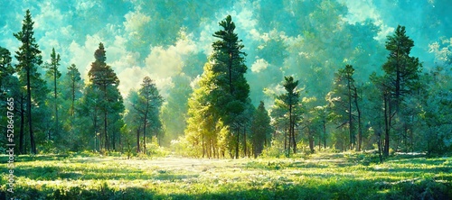 Tablou canvas Scenic summer green grass meadow, beautiful and enchanting pine forest glade - watercolor style fluffy clouds